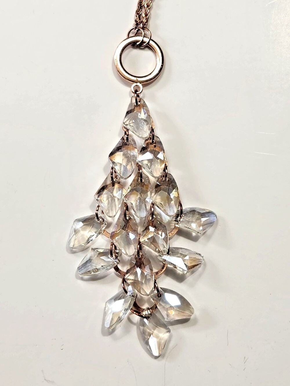 Briolette Crystal Cascade Waterfall Pendant Necklace Twisted Rosegold Tone Chain